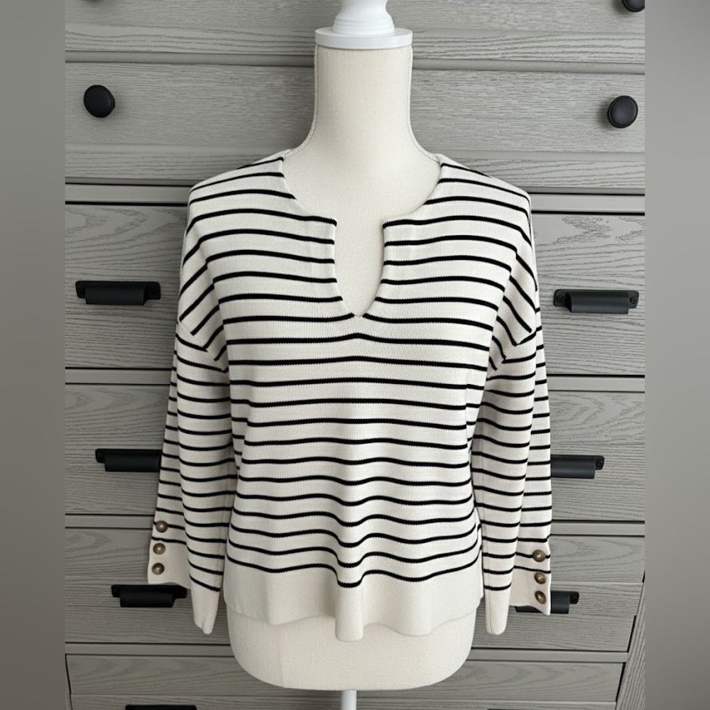 LOFTStriped Black and White Sweater with Button Accents